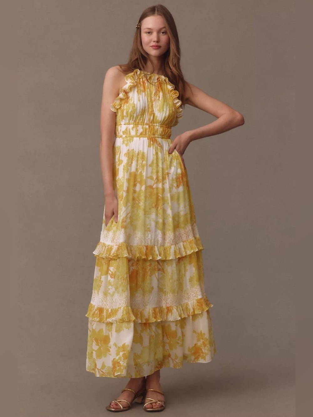 NWT Anthropologie BHLDN Ava Floral Chiffon High-Neck Ruffled Maxi Dress